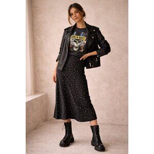 Renee C Black Star Print Satin Midi Skirt Bias Cut Made USA S